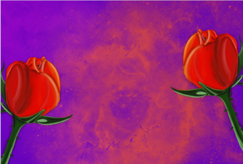 A background graphic. A rose on each side with a purple background.
